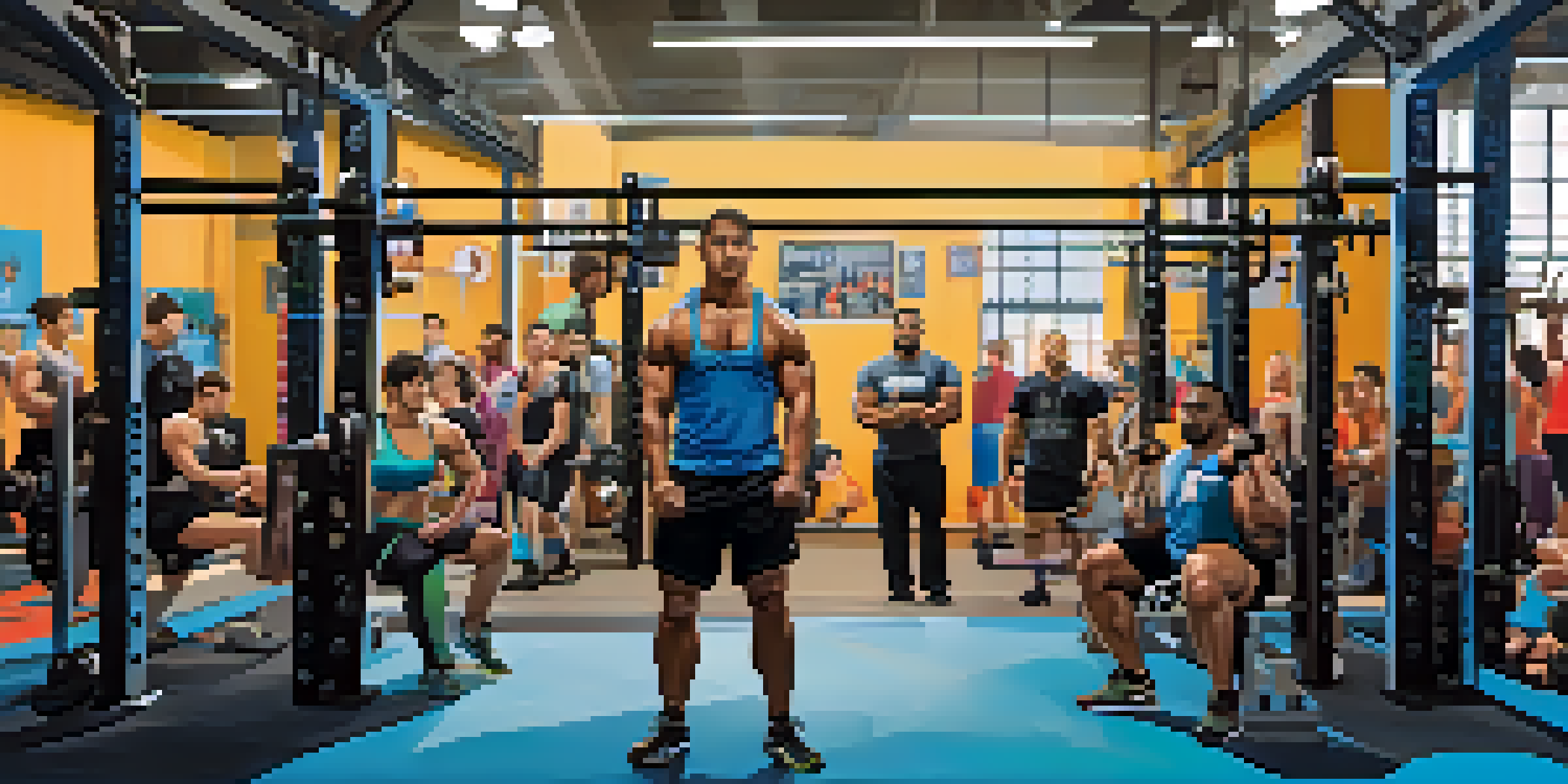 A diverse group of athletes training together in a brightly lit powerlifting gym, with specialized equipment and a supportive atmosphere.