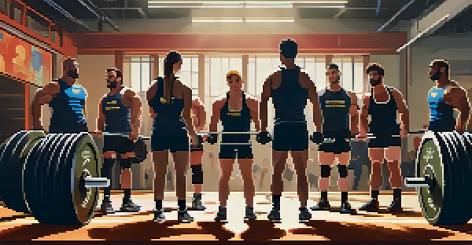 A group of diverse athletes in a gym supporting each other during a powerlifting squat exercise.