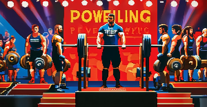 A lively powerlifting competition with diverse athletes lifting weights, surrounded by cheering spectators and bright lights.