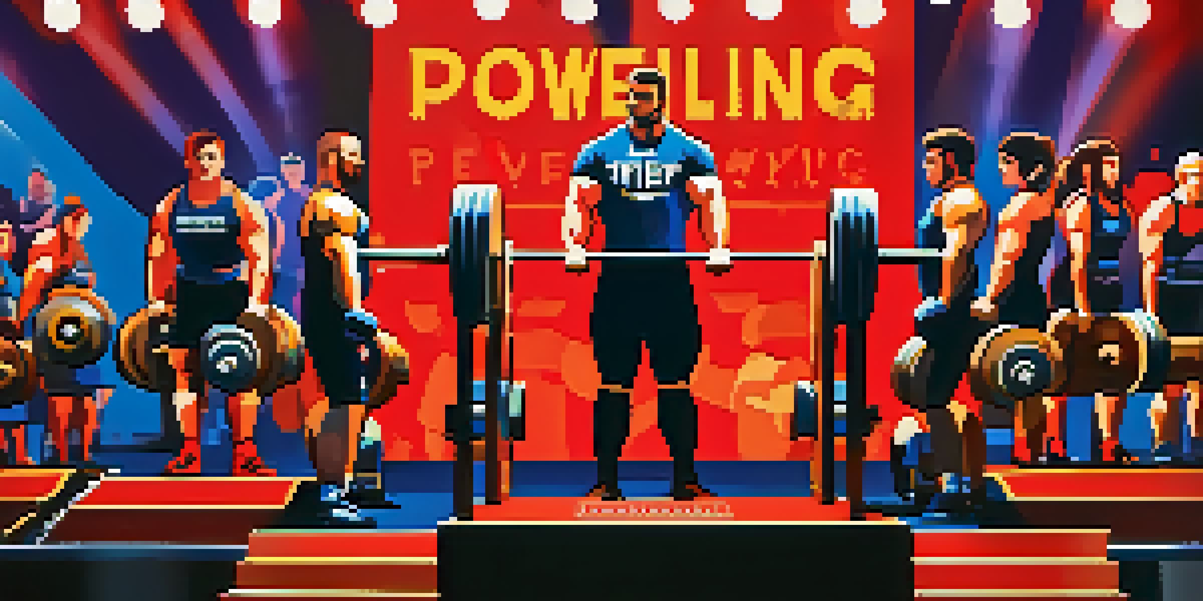 A lively powerlifting competition with diverse athletes lifting weights, surrounded by cheering spectators and bright lights.