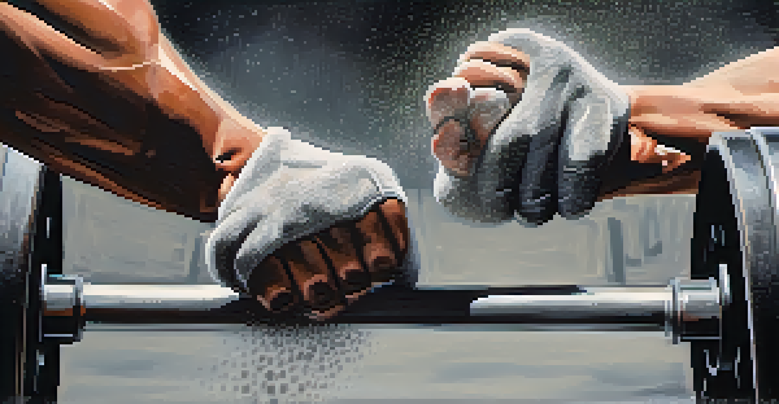 Close-up of a weightlifter's hands gripping a barbell, with chalk dust in the air, emphasizing the focus and determination.
