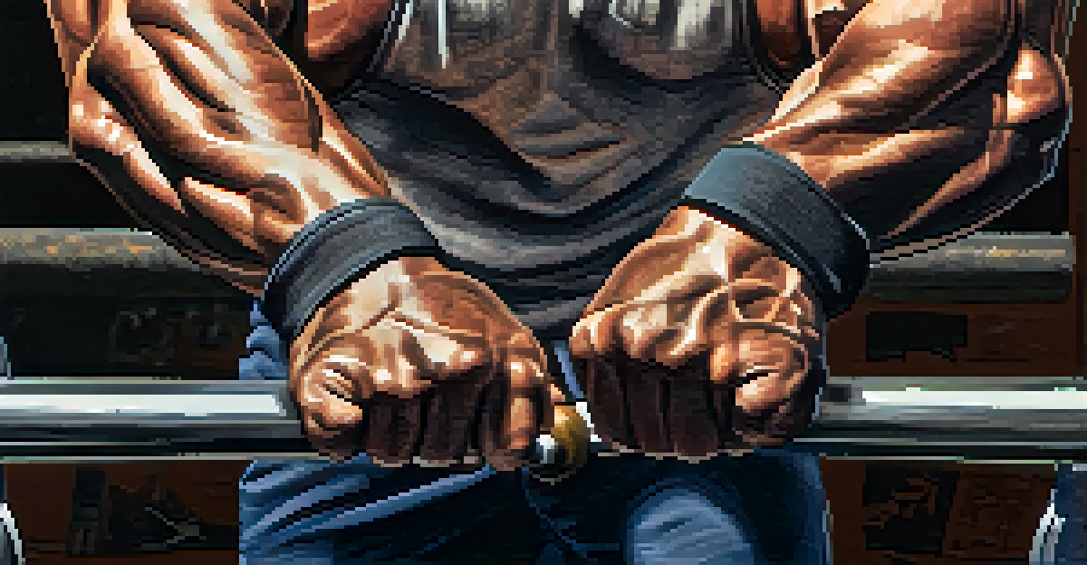 A close-up of a powerlifter's hands gripping a barbell during a bench press, showcasing strength.