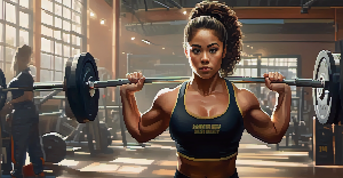 A female powerlifter in a gym, preparing to lift a barbell with determination, surrounded by supportive crowd and motivational posters.