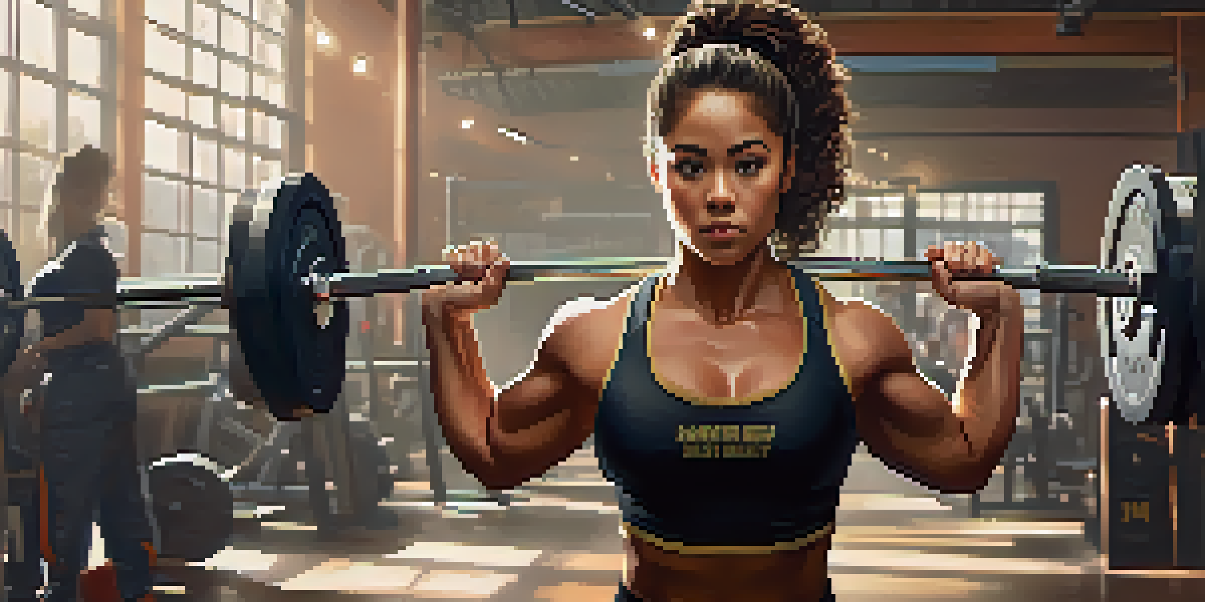 A female powerlifter in a gym, preparing to lift a barbell with determination, surrounded by supportive crowd and motivational posters.