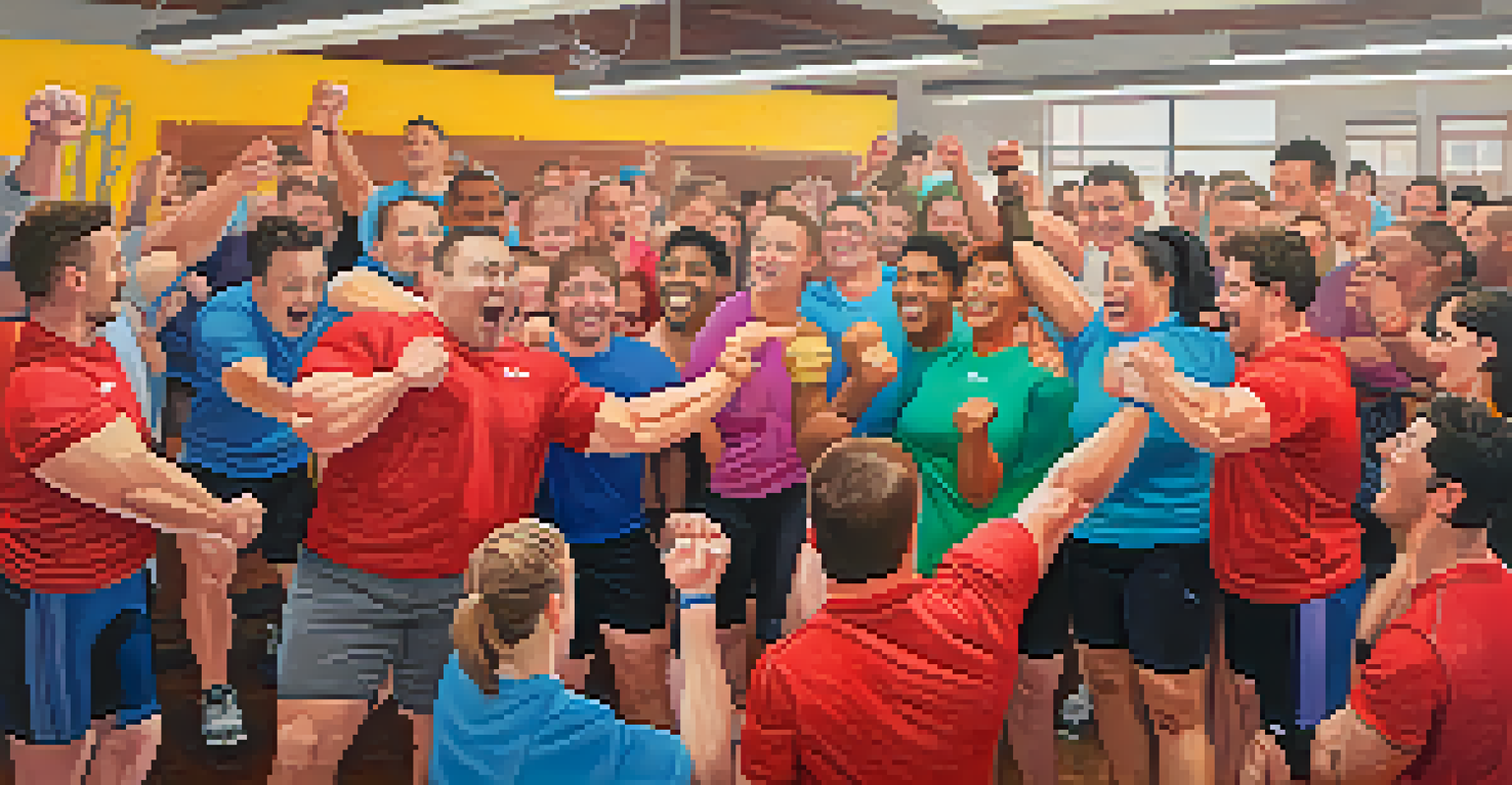 A group of powerlifters celebrating together in a gym, showing support and joy.