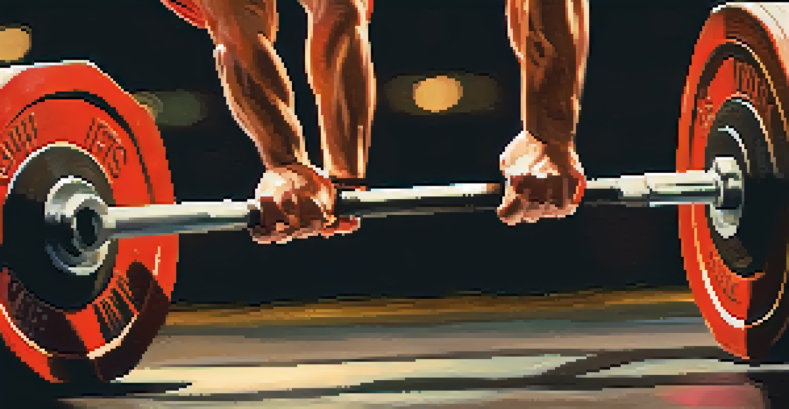 A close-up of a powerlifter's hands gripping a barbell for a deadlift, with chalk visible on their hands and a warm glow from gym lights in the background.