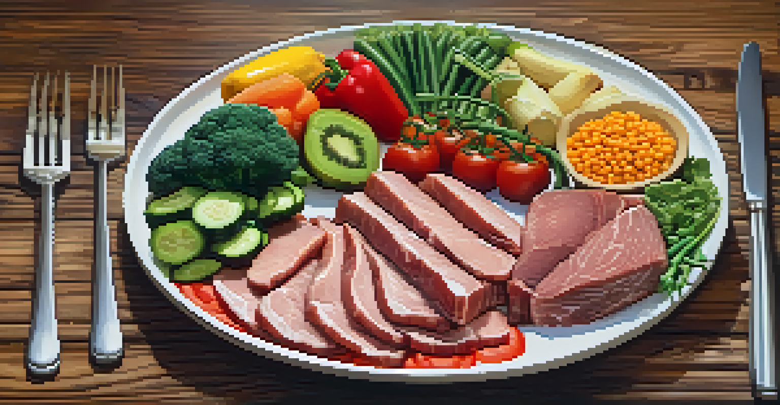 A colorful plate of healthy foods like lean meats, legumes, and vegetables arranged artfully on a wooden table, emphasizing nutrition for muscle building.