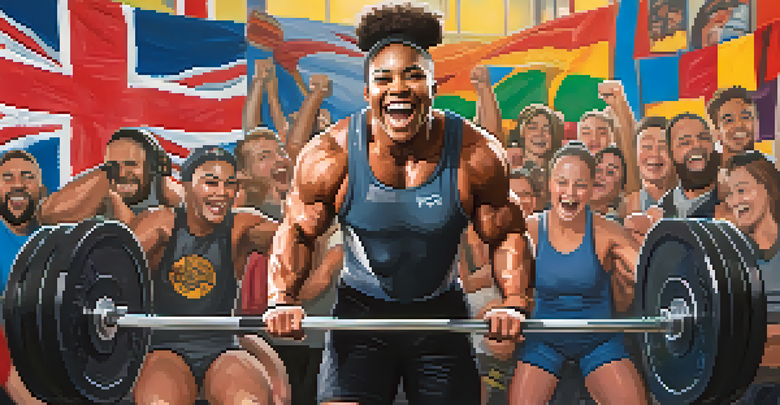 A powerlifting athlete celebrating a personal best lift, surrounded by cheering teammates in a colorful gym.