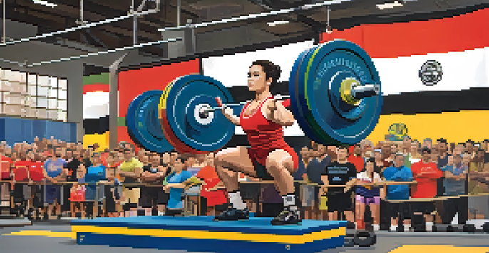 A lively powerlifting competition with diverse athletes lifting weights, surrounded by supportive spectators and eco initiative banners.