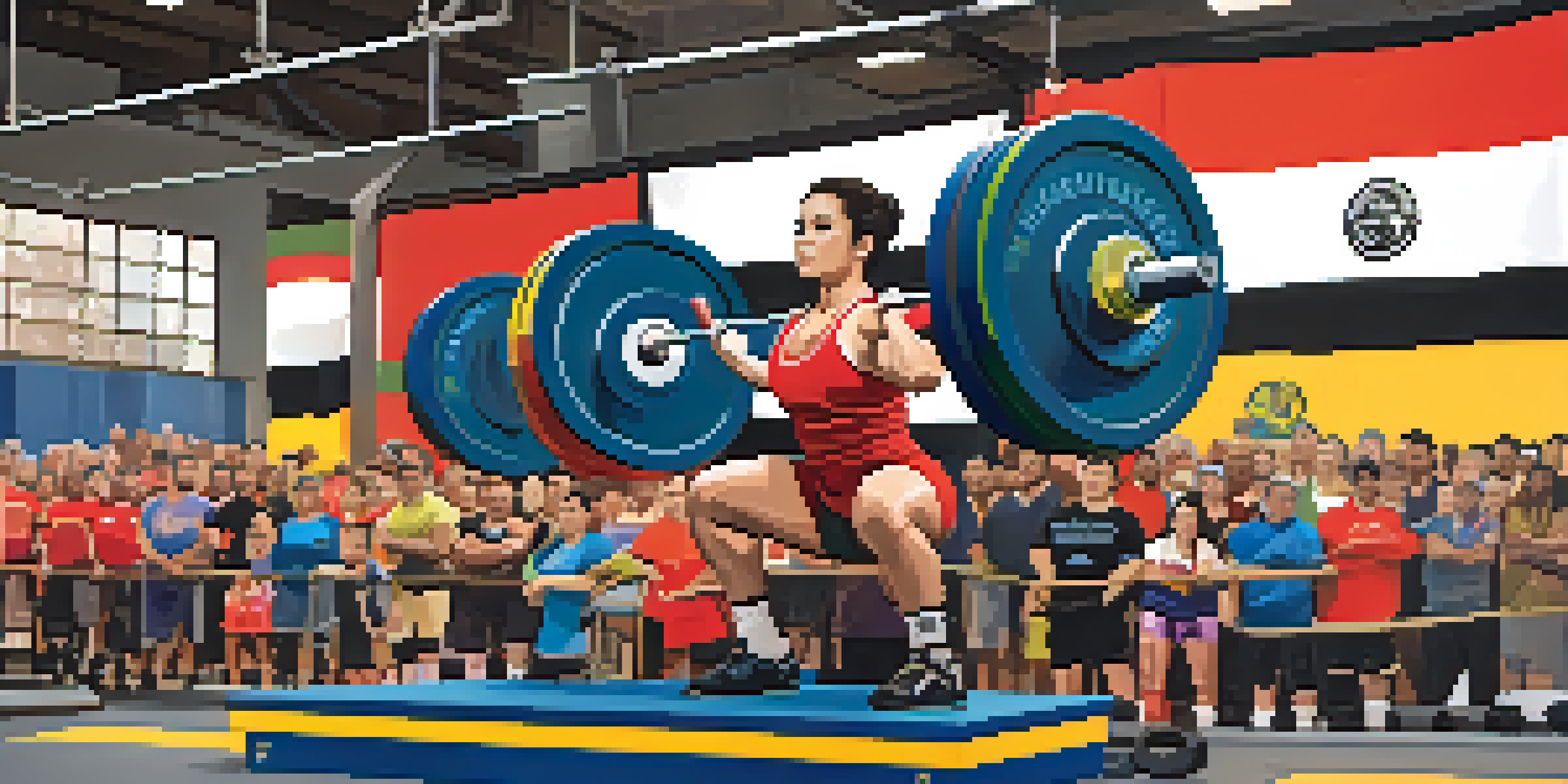 A lively powerlifting competition with diverse athletes lifting weights, surrounded by supportive spectators and eco initiative banners.