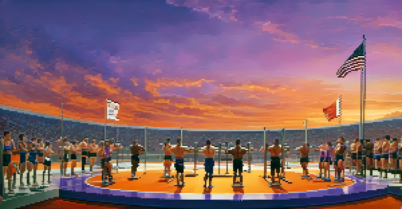 Athletes competing in an outdoor powerlifting event at sunset, with colorful skies and spectators cheering in the background.