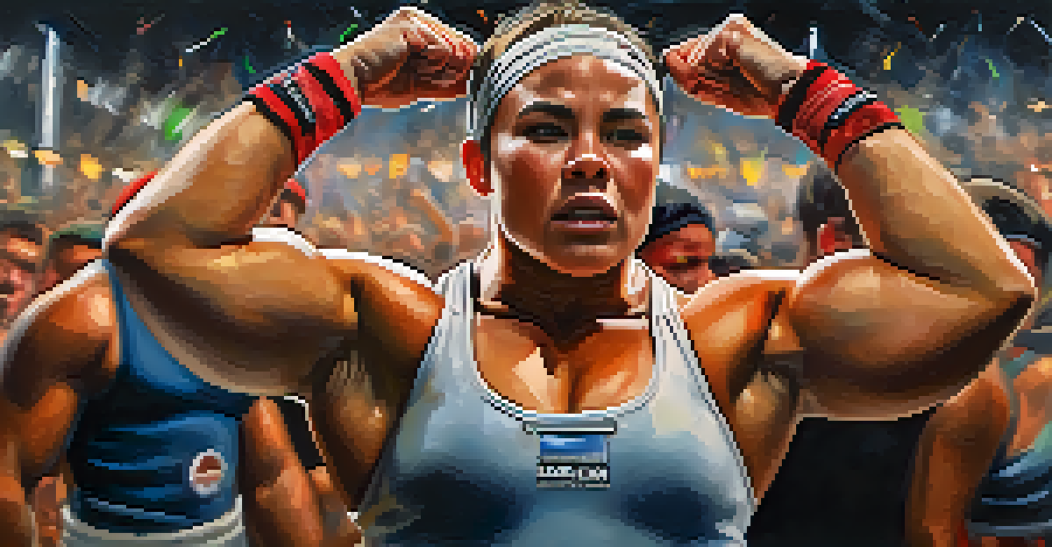 A close-up of a powerlifter with an intense expression, surrounded by a cheering crowd in the background, with dramatic lighting.