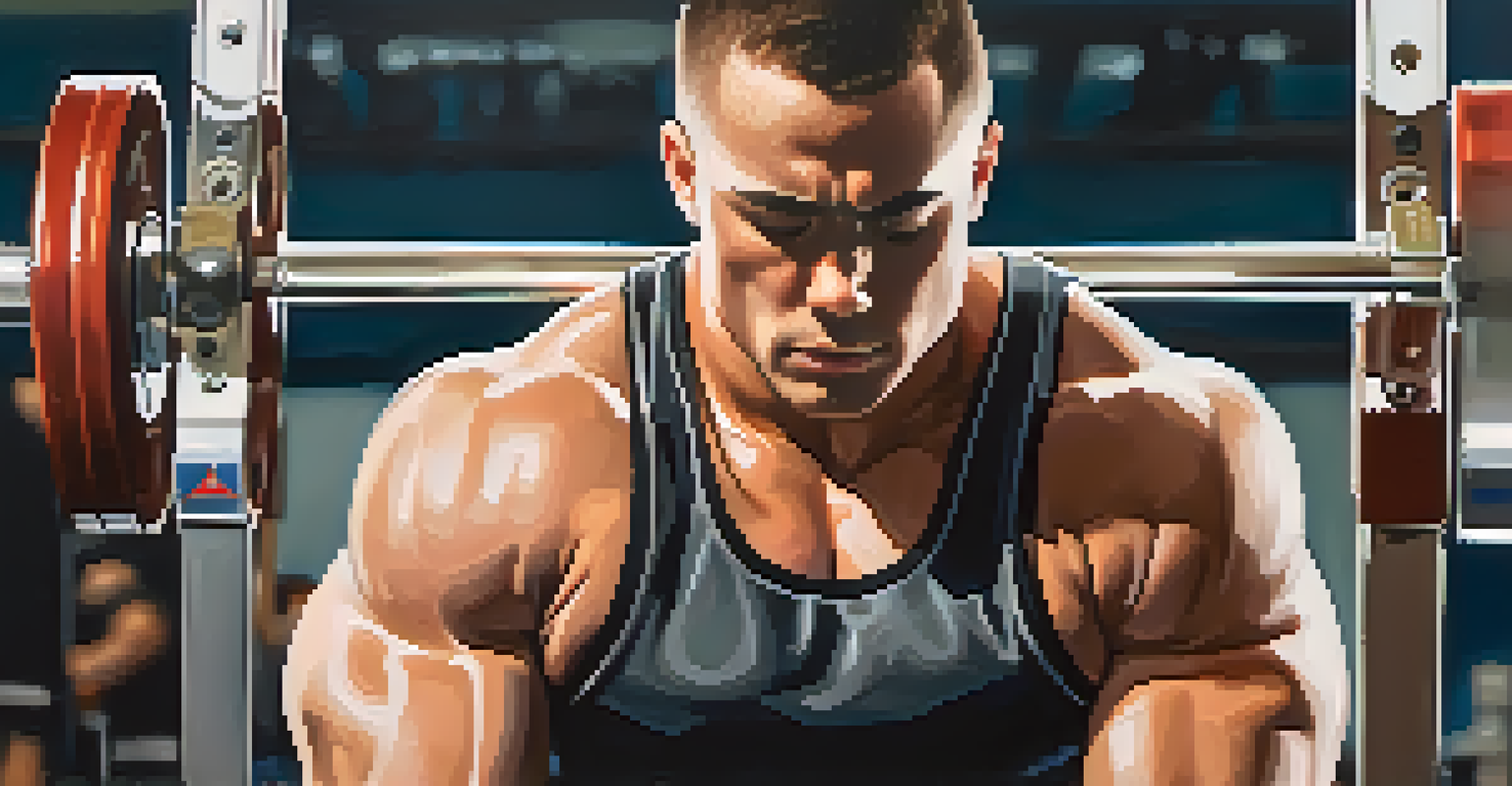 Close-up of a powerlifter meditating before a lift, eyes closed, showing concentration in a gym setting.