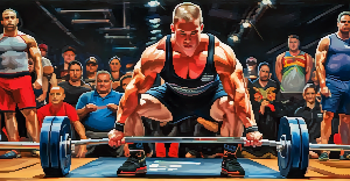 An athlete performing a squat at a powerlifting competition, surrounded by a cheering crowd and colorful banners.