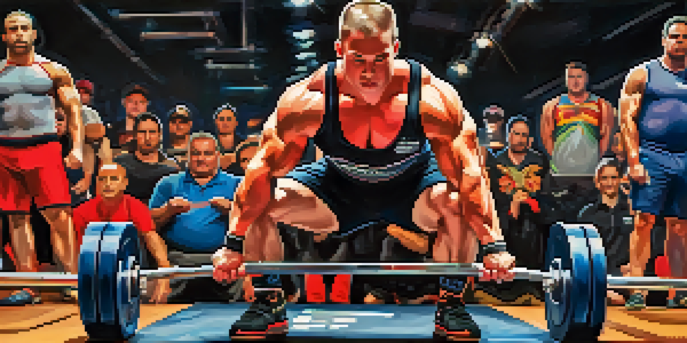 An athlete performing a squat at a powerlifting competition, surrounded by a cheering crowd and colorful banners.