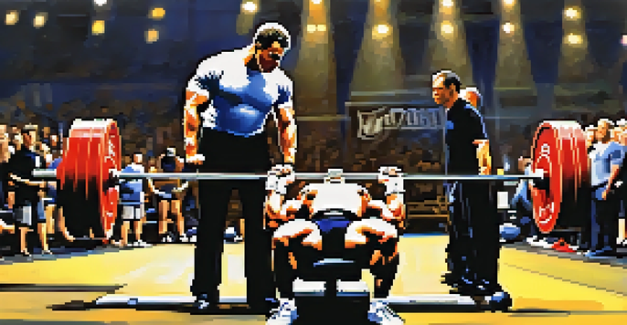 A powerlifting judge watching a muscular man during a bench press attempt in a competition arena.