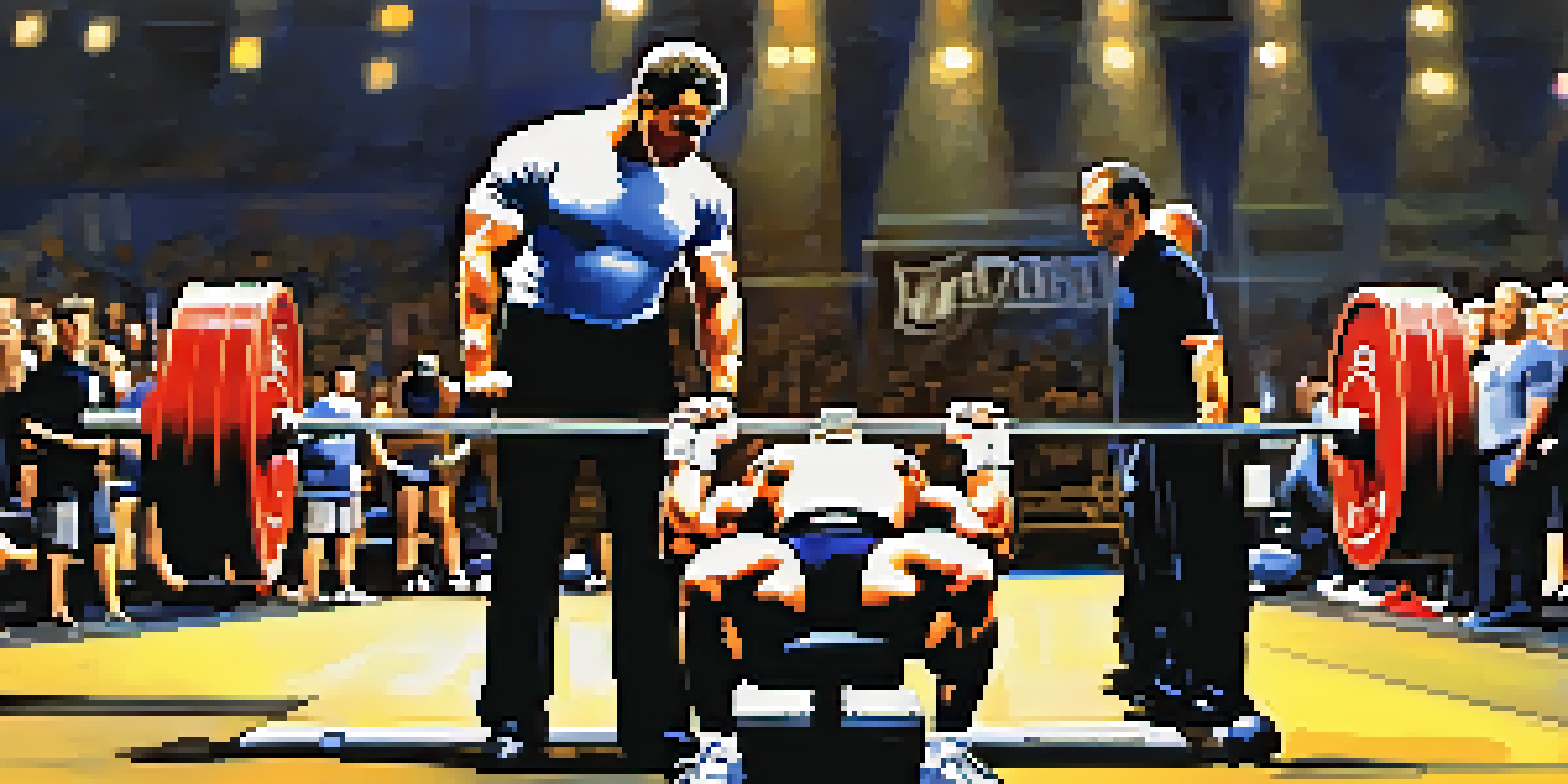 A powerlifting judge watching a muscular man during a bench press attempt in a competition arena.