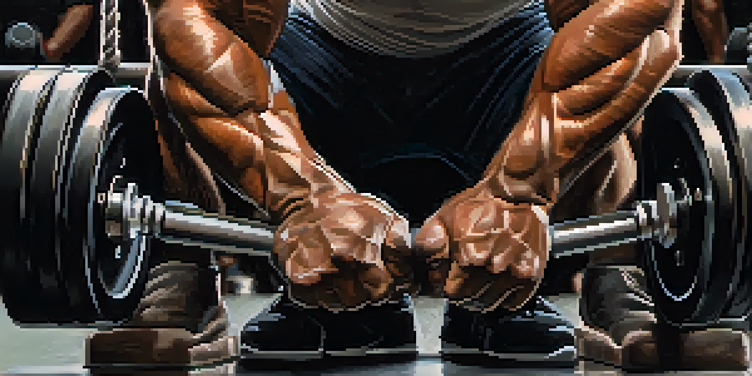 Close-up of a powerlifter's hands gripping a barbell, emphasizing the calloused skin and chalk dust.