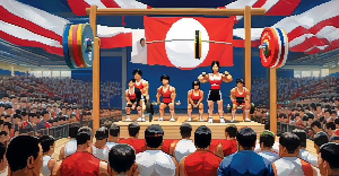 A vibrant scene of a powerlifting competition in Japan, with diverse athletes lifting weights and an enthusiastic crowd.