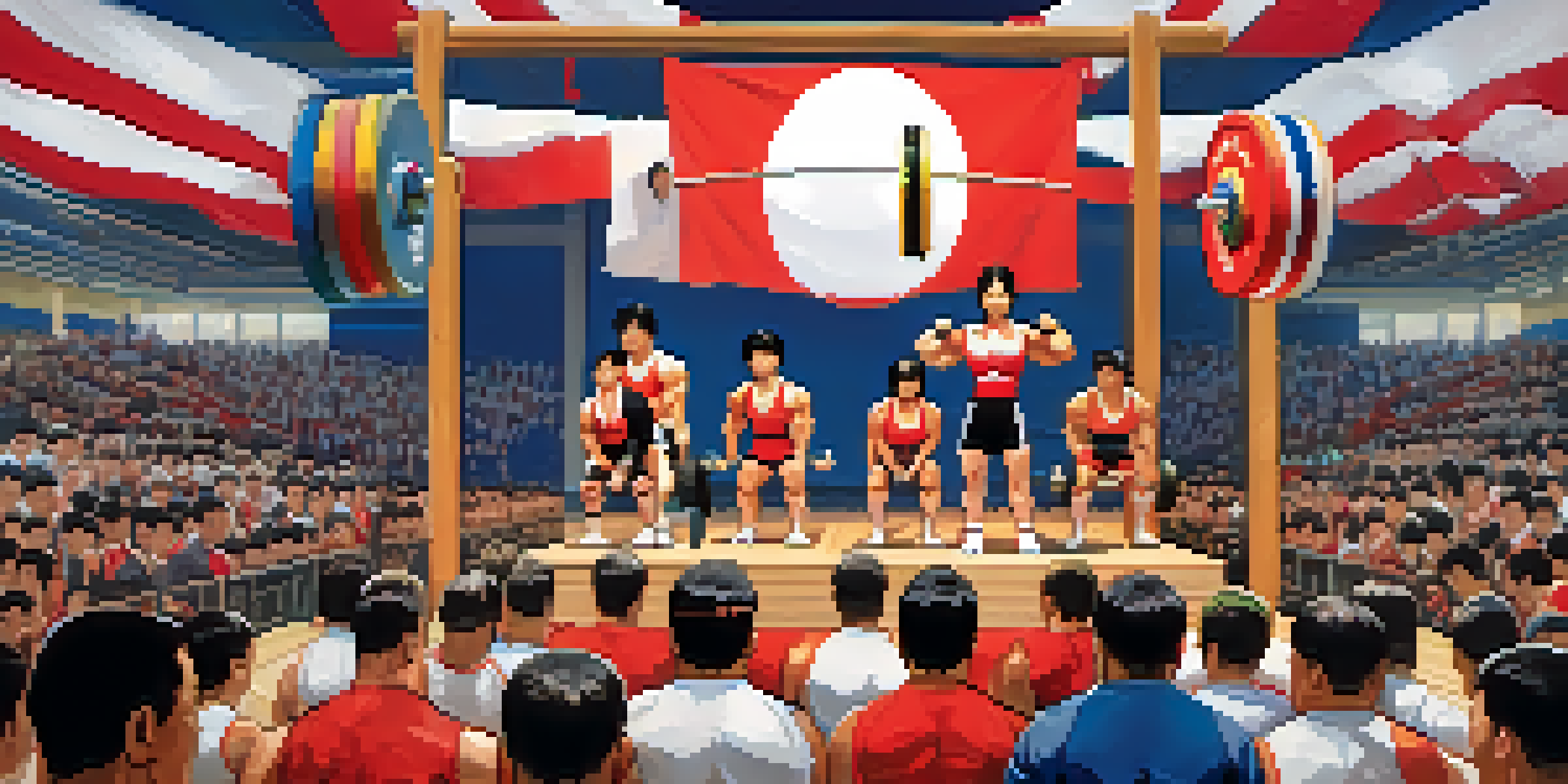 A vibrant scene of a powerlifting competition in Japan, with diverse athletes lifting weights and an enthusiastic crowd.