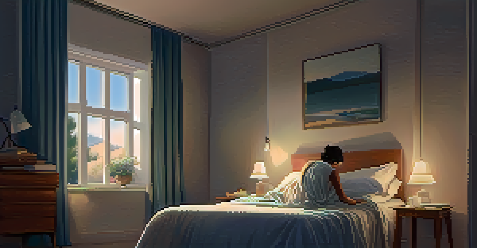 A peaceful bedroom with a person practicing relaxation techniques, dim lighting, soft bedding, and an open window.