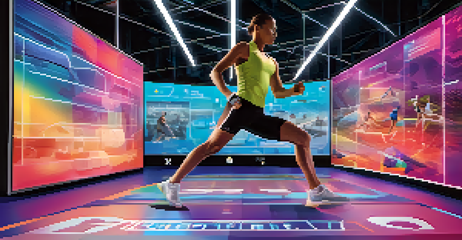 An athlete in a virtual setting, surrounded by holographic displays of their lifting progress and achievements.