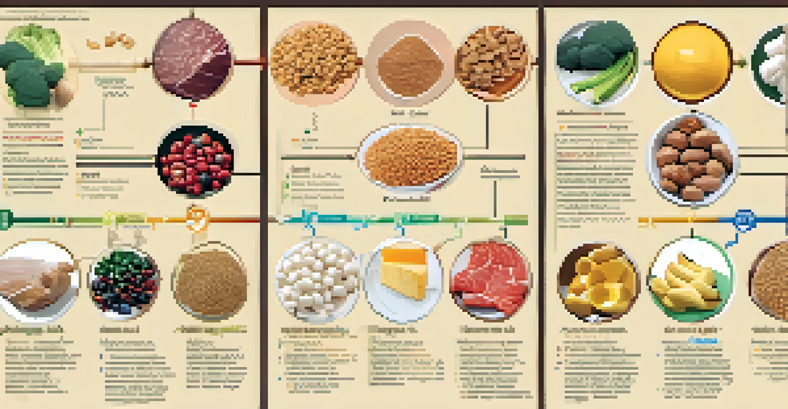 An infographic illustrating the three macronutrients with food sources for proteins, carbohydrates, and fats, designed in a colorful and organized manner.