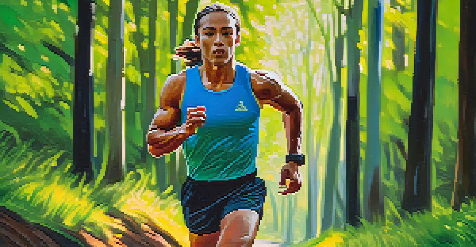 A runner on a scenic trail, demonstrating strength and confidence while running through a green forest.