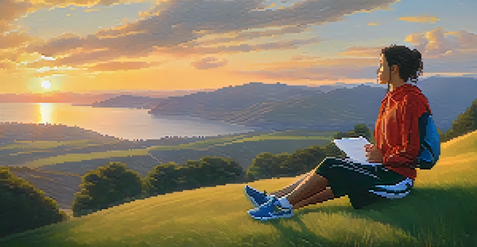 An athlete sitting on a grassy hill at sunset, reflecting on their competition experience with a journal beside them.