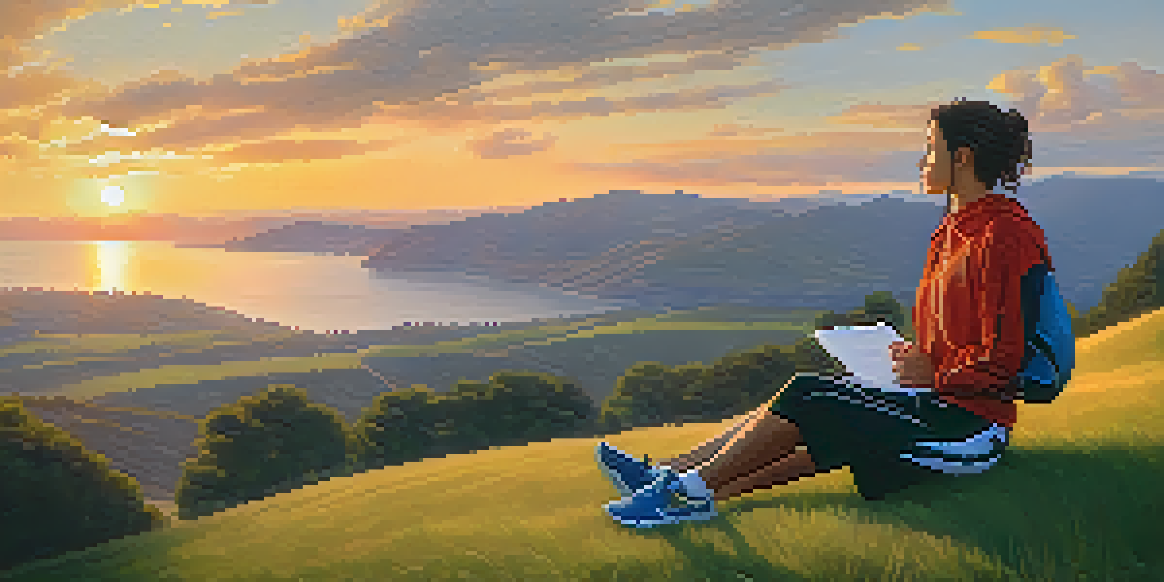 An athlete sitting on a grassy hill at sunset, reflecting on their competition experience with a journal beside them.