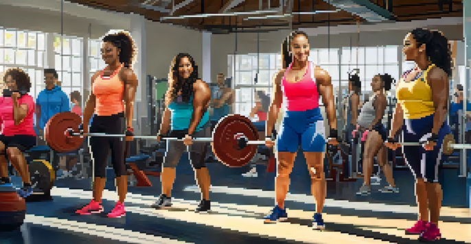 A diverse group of women powerlifters lifting weights in a gym, demonstrating strength and community support.