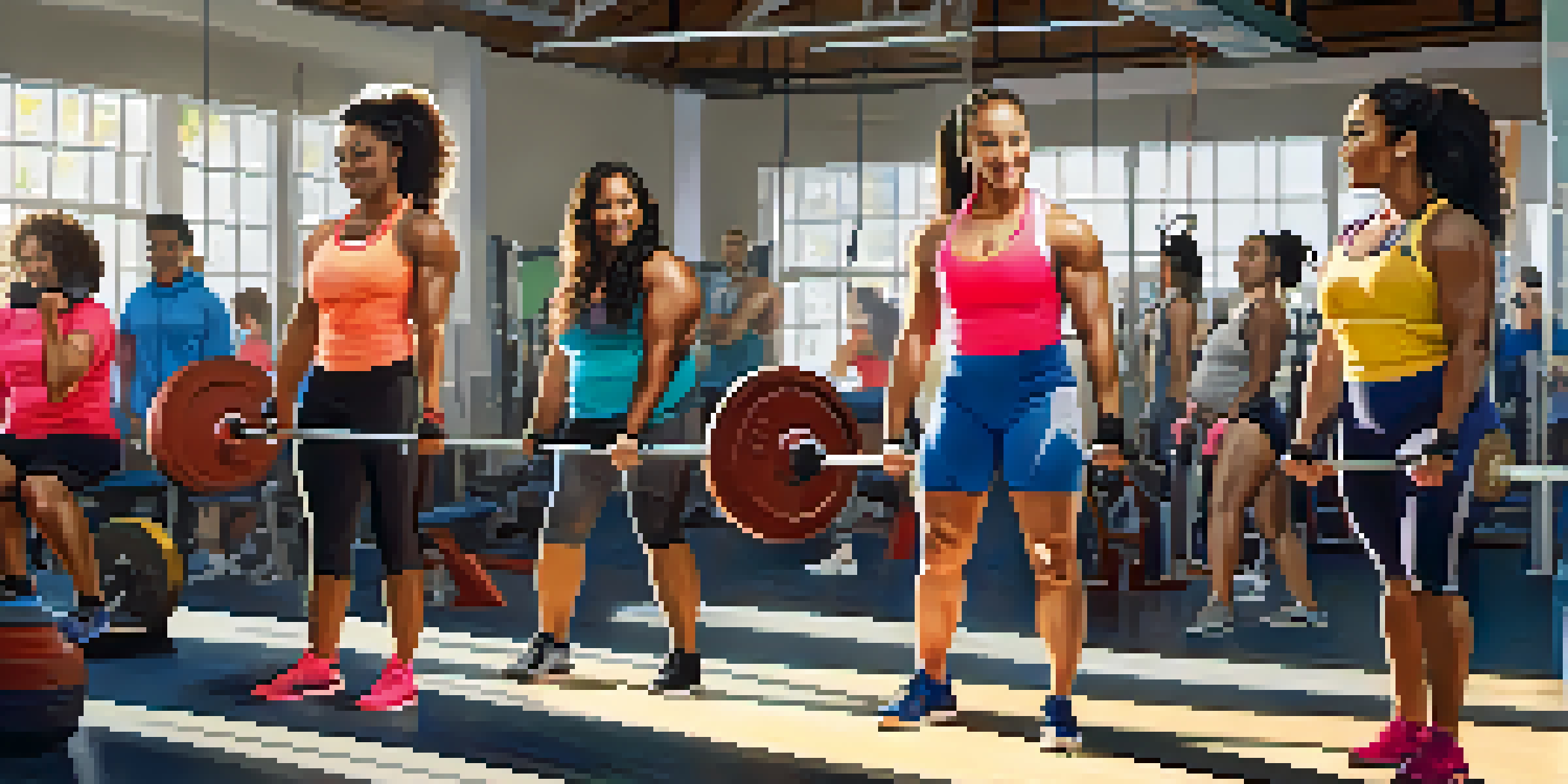 A diverse group of women powerlifters lifting weights in a gym, demonstrating strength and community support.