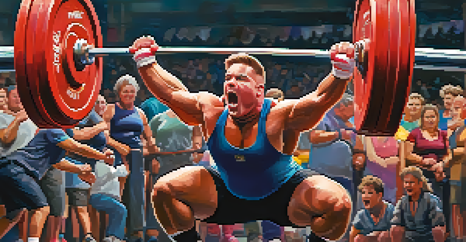 A powerlifter lifting weights during a competition, with a cheering crowd in the background, showcasing the energy of the event.