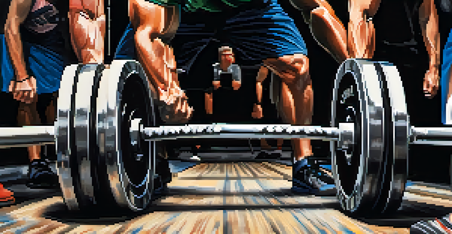 Close-up of hands gripping a barbell with blurred lifters in the background supporting each other.