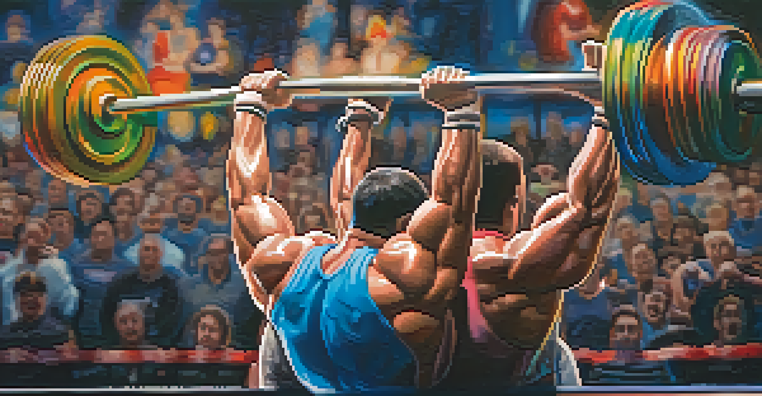 A close-up of a shiny powerlifting barbell loaded with weights, with a blurred background of cheering spectators at a competition.