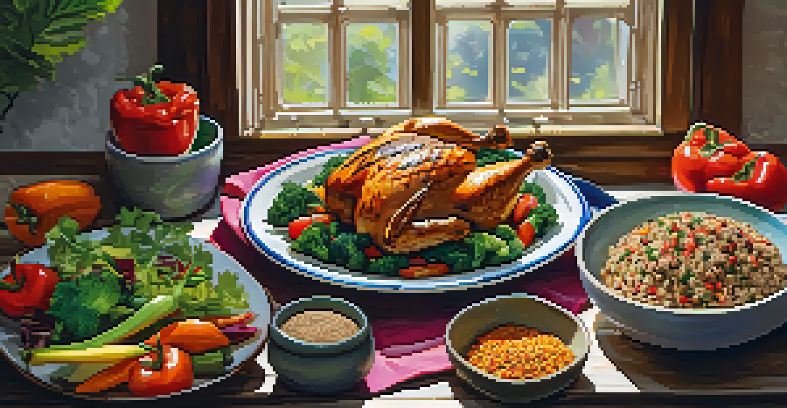 A healthy meal with grilled chicken, quinoa, and vegetables, beautifully arranged on a table with natural lighting.