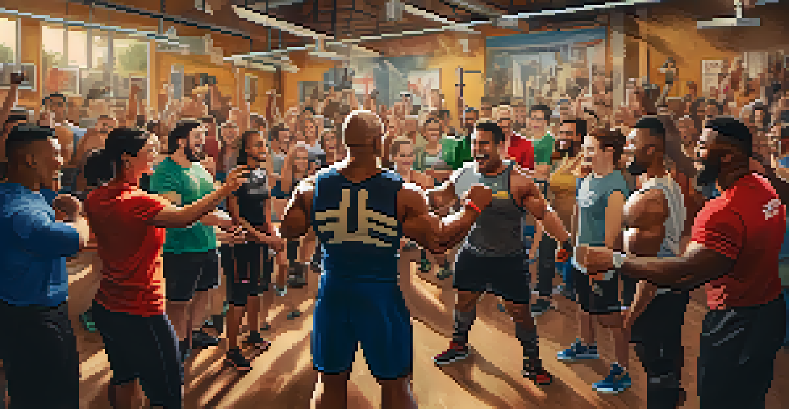 A group of powerlifters celebrating their achievements with smiles and high-fives in a colorful gym.