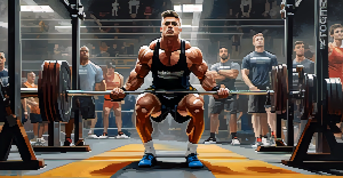 A powerlifter lifting weights in a gym, displaying focus and concentration, with teammates cheering in the background.