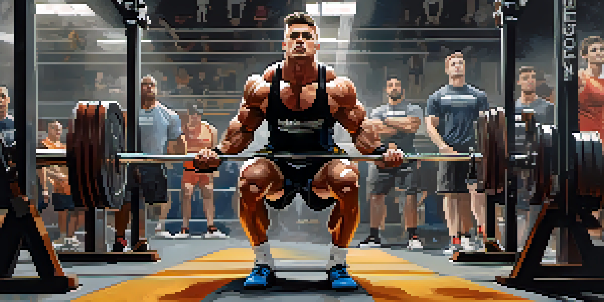 A powerlifter lifting weights in a gym, displaying focus and concentration, with teammates cheering in the background.