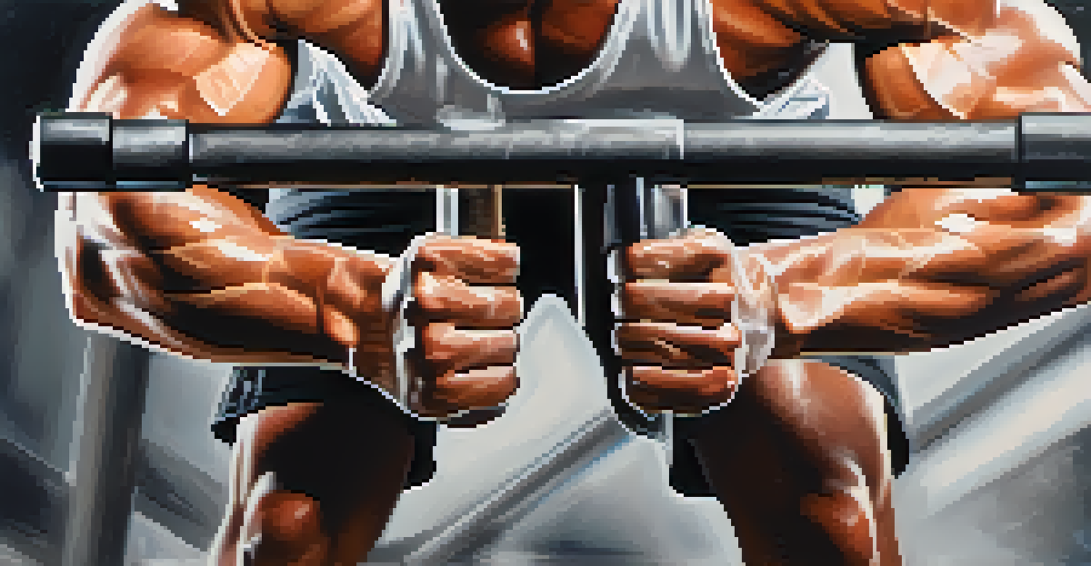 Close-up of a young athlete's hands gripping a barbell, with chalk dust and blurred gym equipment in the background.
