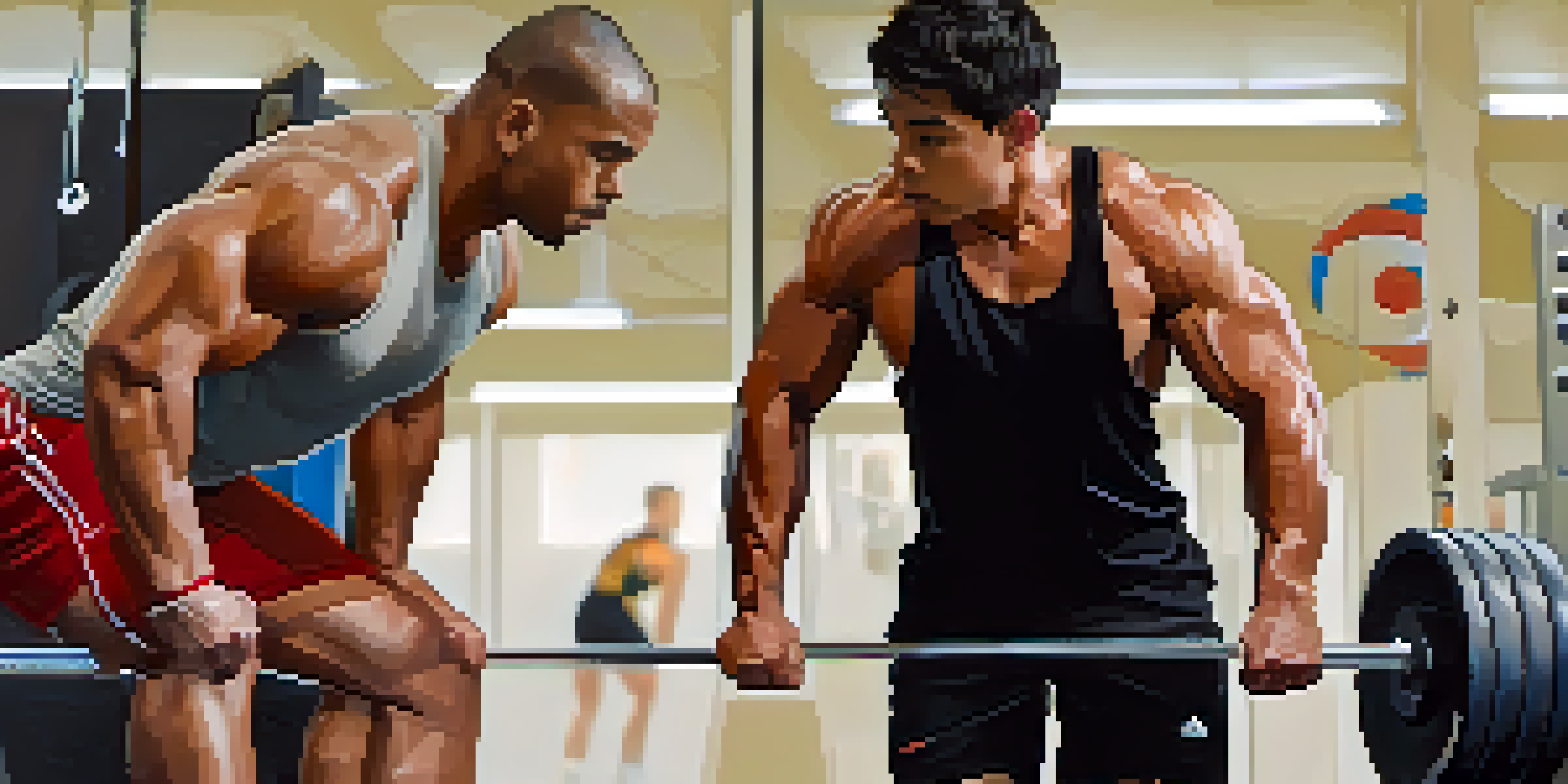 A mentor demonstrating squat technique to a newcomer in a gym, showcasing a supportive environment.