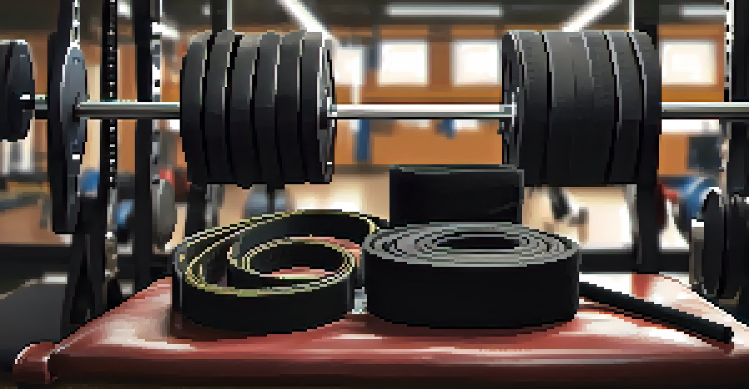 A close-up of weightlifting gear like a belt and knee sleeves on a gym bench, showcasing safety equipment for powerlifters.