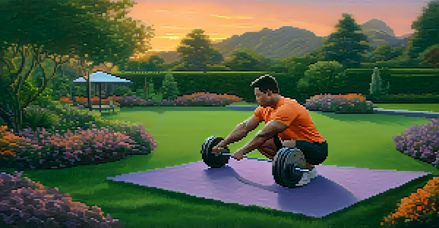 A powerlifter stretching in a peaceful garden at sunset, surrounded by vibrant plants.