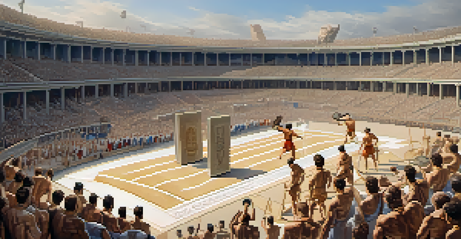 Athletes competing in an ancient Olympic weightlifting contest, with a crowd and Greek architecture in the background.