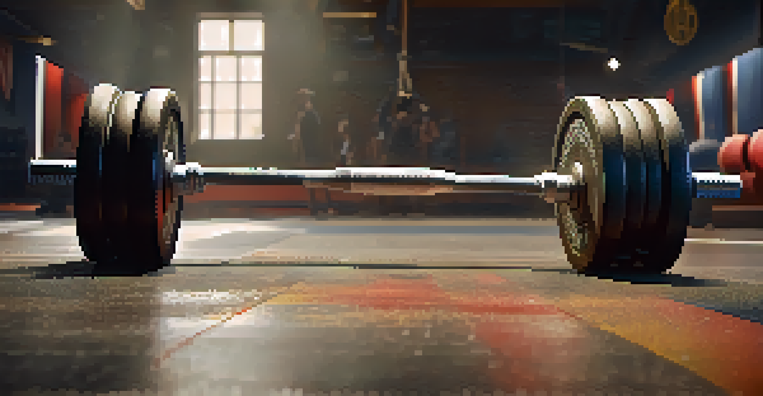A close-up of a chalk-dusted barbell with weights on a gym floor, with blurred lifters in the background.