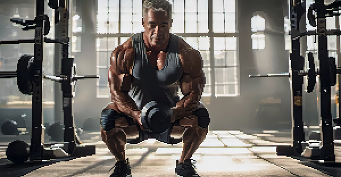 A mature man lifting weights while squatting in a bright gym, highlighting his strength and determination.