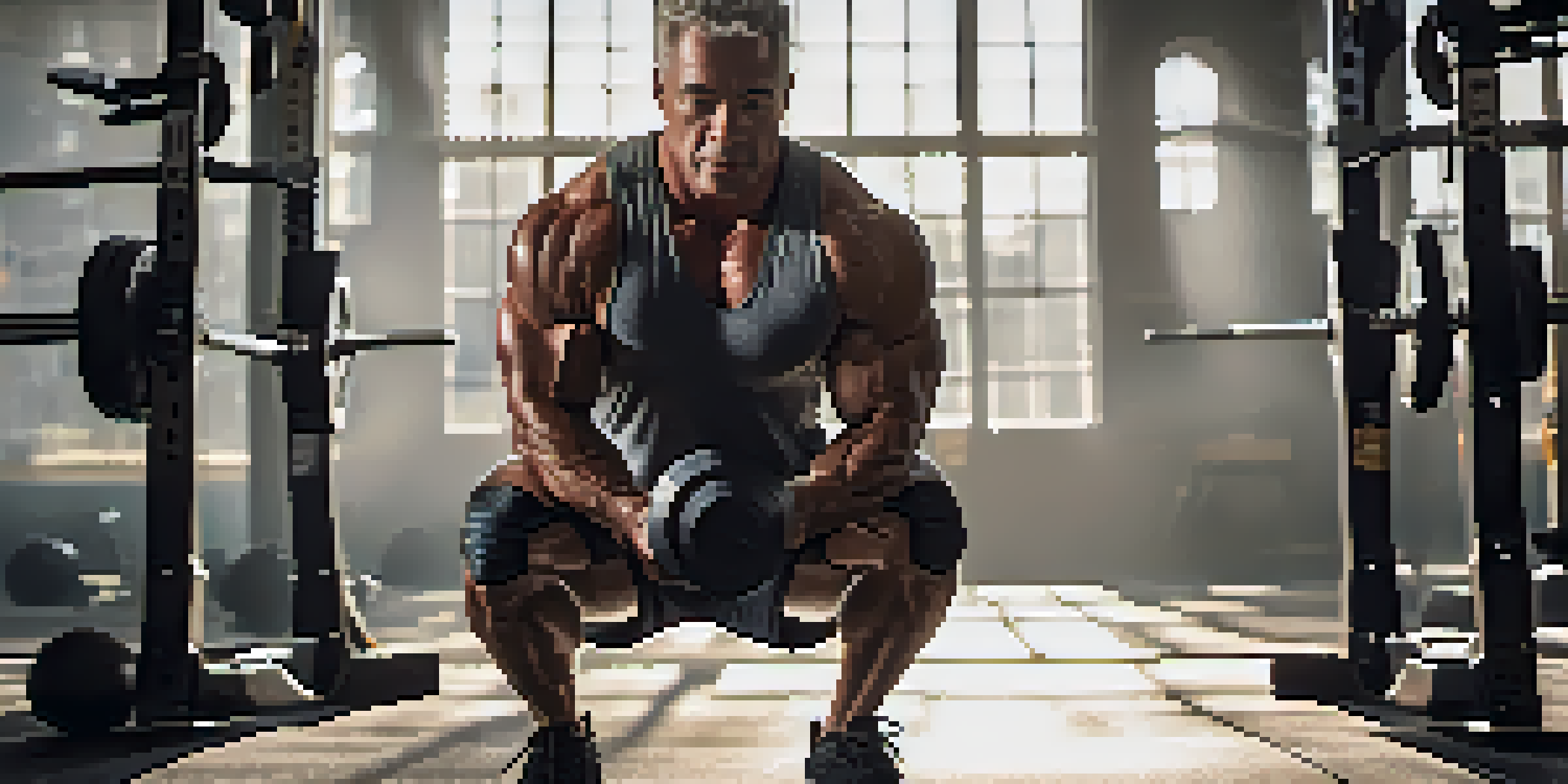 A mature man lifting weights while squatting in a bright gym, highlighting his strength and determination.