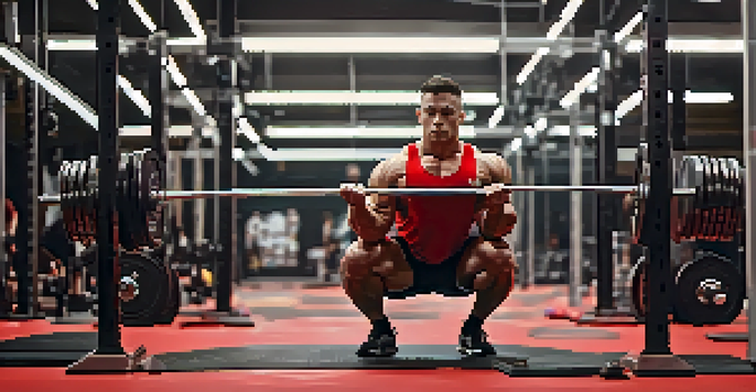 A powerlifter lifting a heavy barbell in a gym with bright lighting and motivational posters in the background.
