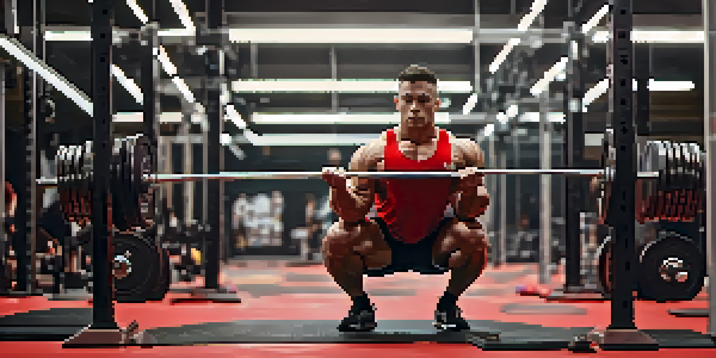A powerlifter lifting a heavy barbell in a gym with bright lighting and motivational posters in the background.