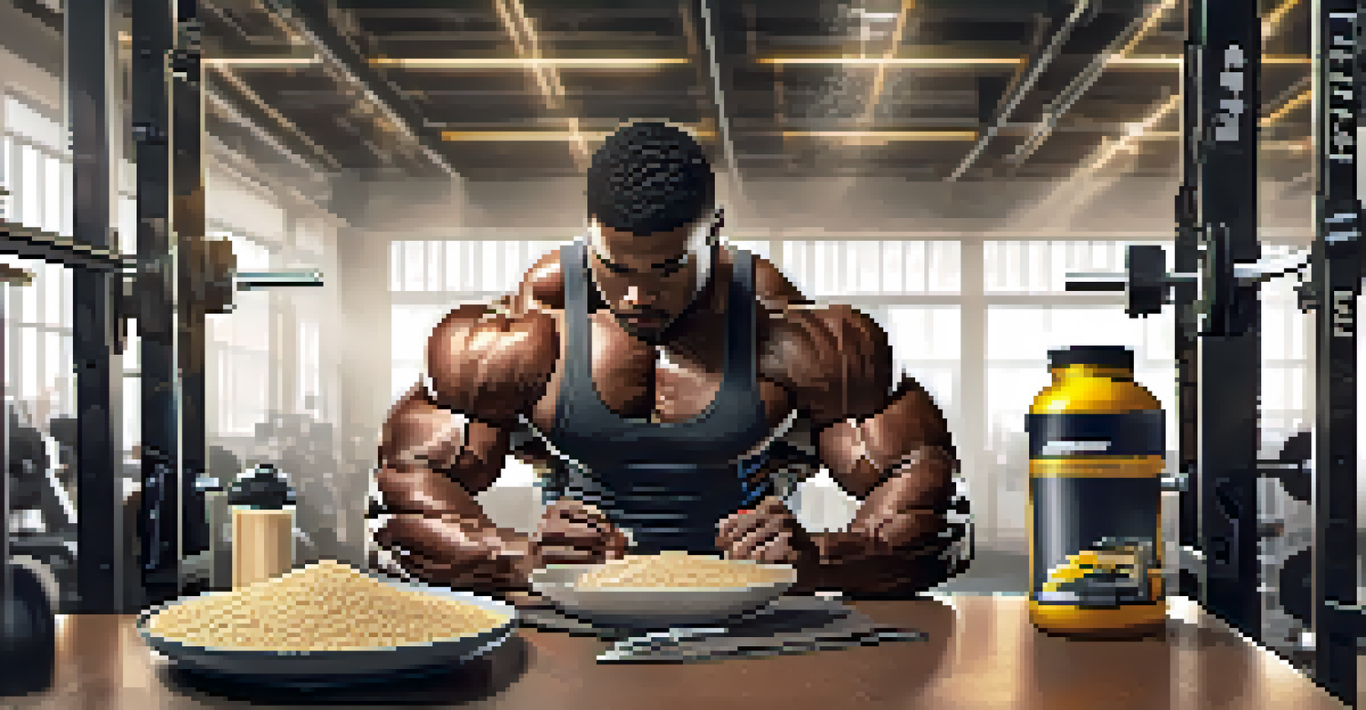 A powerlifter at a table with oatmeal and a protein shake, set against a gym background.
